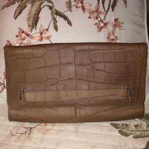 Halogen Tan Leather Croc Print Envelope Clutch